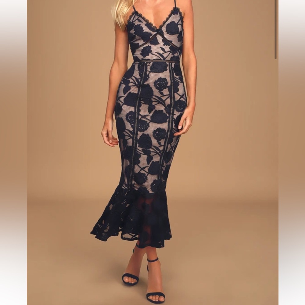 Lulus Alluring Dream Navy Blue Floral Mesh Lace Trumpet Midi Dress - Size XS - Picture 2 of 7